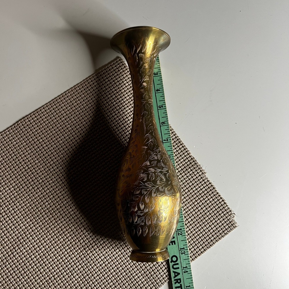 Vintage Etched Brass Bud Vase Hand Crafted Floral Pattern Made in India 8.5 Inch